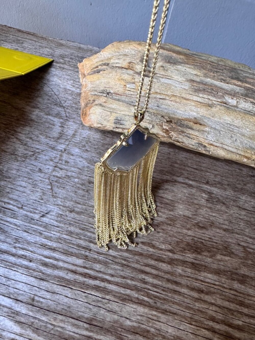 Kendra Scott Kingston Gold Tone Long Fringe Pendant Necklace Slate Cat’s Eye 32” - Picture 4 of 6